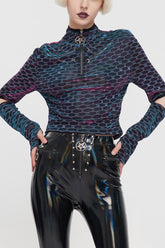 T-shirt pour femme à manches longues en tissu maille multicolore punk avec col à l'avant, pentagramme, fermeture éclair, et chaîne en collocation